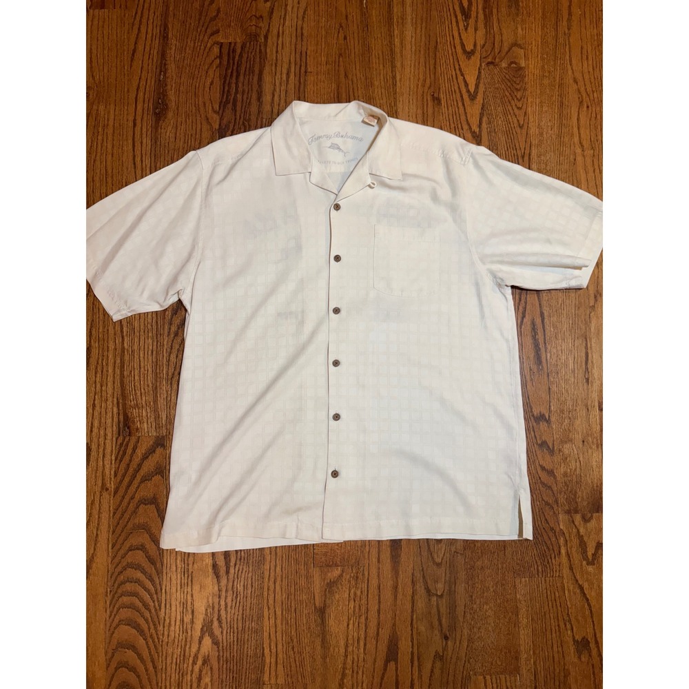 Tommy Bahama Salute to Our Troops Mens Large Silk Camp Shirt Cream Jacquard L